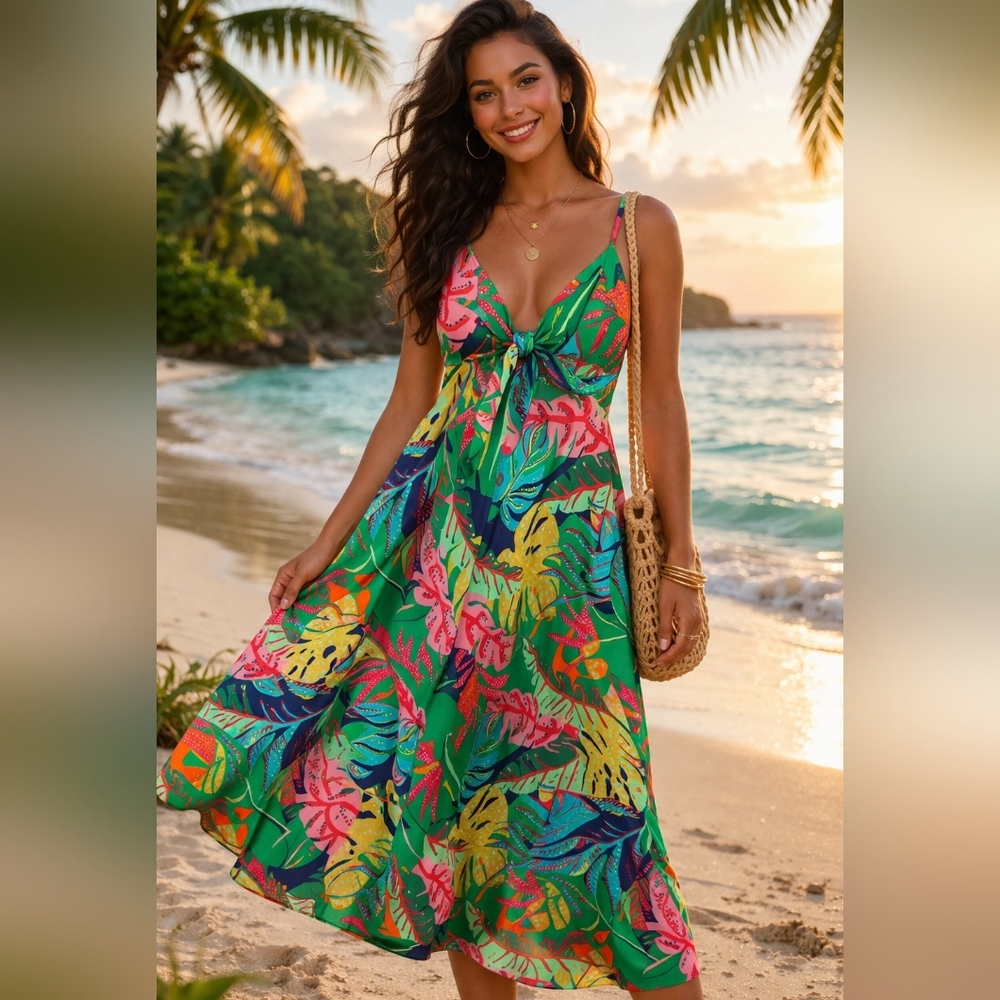 #79 Olivaceous Multicolor Tropical Print Dress in Green and Blue